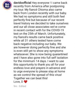 Davido's Post on Instagram About the Results of Their Covid-19 tests