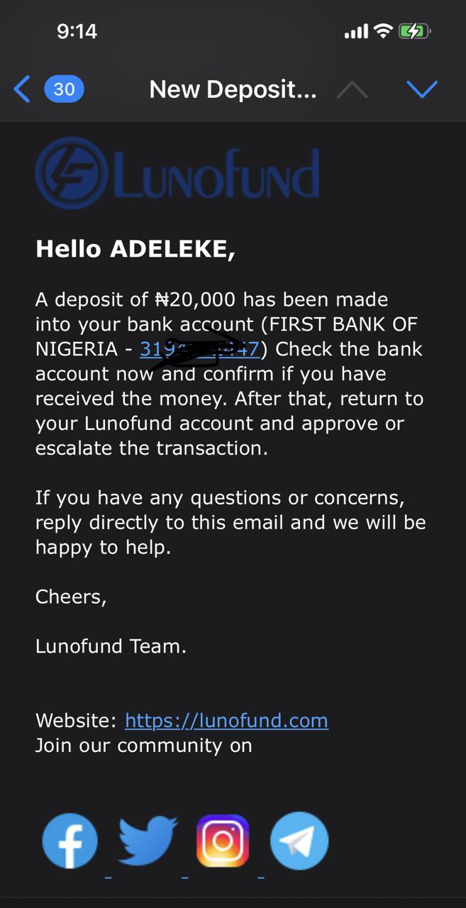 Lunofund withdrawal/payment alert 