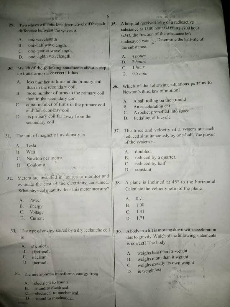 PHYSICS WAEC OBJECTIVE QUESTIONS 2025