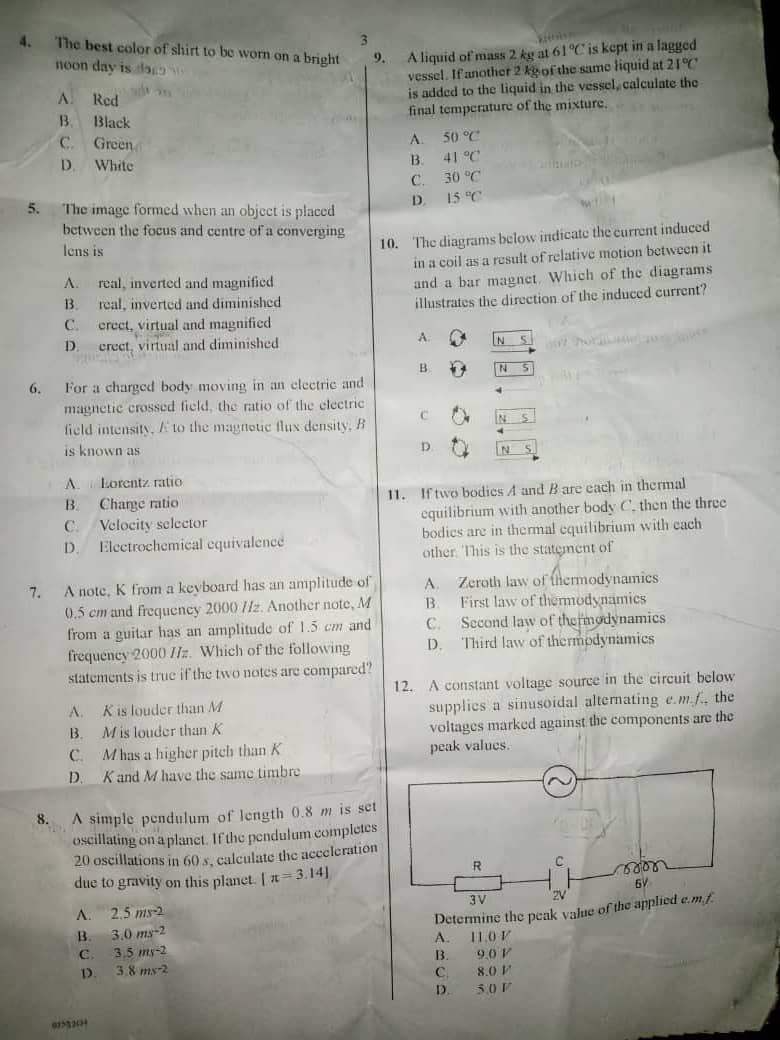 PHYSICS WAEC OBJECTIVE QUESTIONS 2025