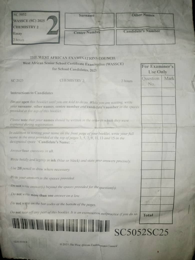 CHEMISTRY WAEC QUESTIONS 2025